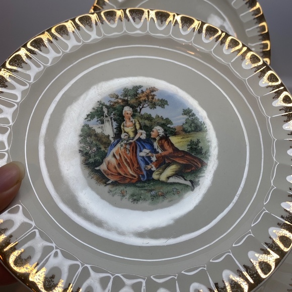 6 Cronin China Co. Salad Plates 7 1/4” Colonial Couple Gold Rim Minerva Ohio - Picture 2 of 10